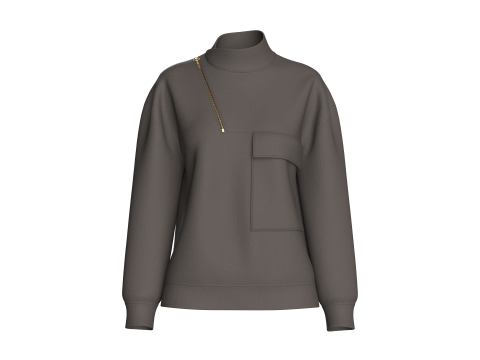 Pul&ocirc;ver feminino assim&eacute;trico com z&iacute;per e gola simulada Modelo 3D