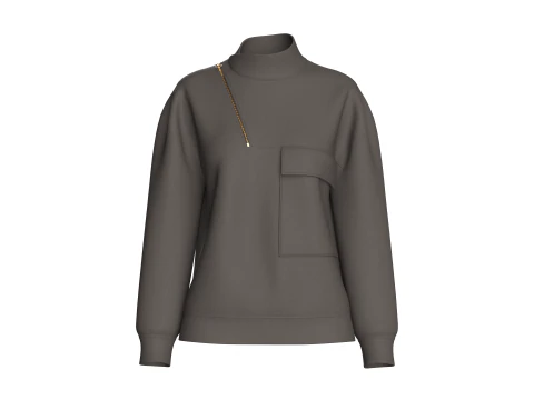 Pul&ocirc;ver feminino assim&eacute;trico com z&iacute;per e gola simulada Modelo 3D