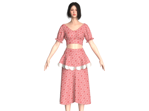 Tops curtos estampados para meninas com saia - roupa Modelo 3D