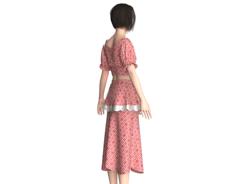 ガールズプリントクロップトップスとスカート - 衣装 3Dモデル