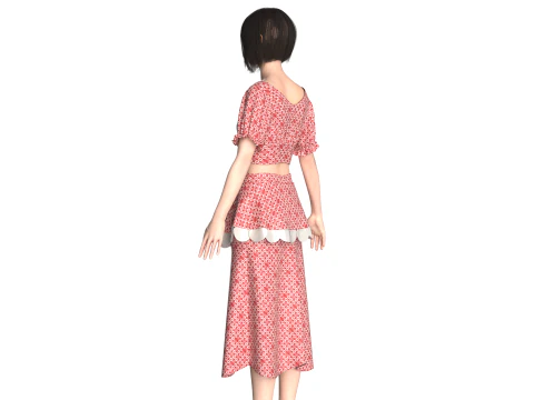 ガールズプリントクロップトップスとスカート - 衣装 3Dモデル