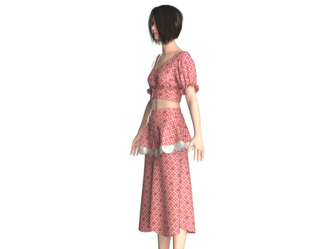 ガールズプリントクロップトップスとスカート - 衣装 3Dモデル