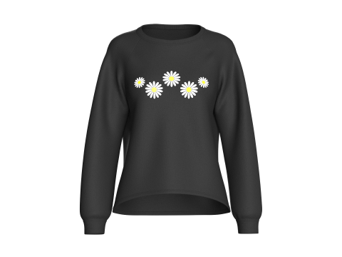 Moletom preto estampado com flor raglan para meninas Modelo 3D