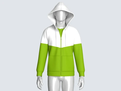 Men Green And White Color Block Full-Zip Hoodie 3D Model