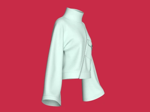 Girls Diagonal Zipper Sweatshirt With Bell Sleeves 3D Model