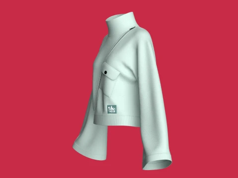 Girls Diagonal Zipper Sweatshirt With Bell Sleeves 3D Model