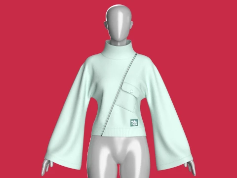 Girls Diagonal Zipper Sweatshirt With Bell Sleeves 3D Model