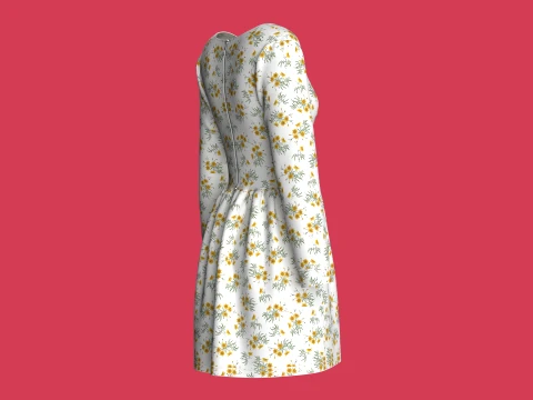 Girls Floral Print Long Sleeve Mini Dress 3D Model