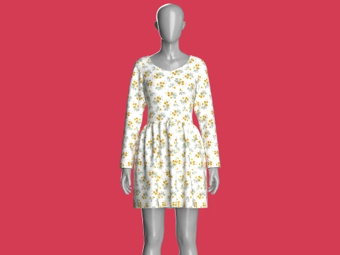 Girls Floral Print Long Sleeve Mini Dress 3D Model