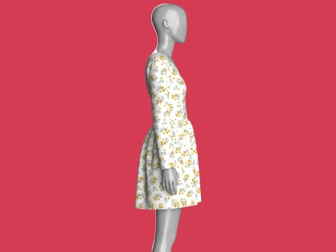 Girls Floral Print Long Sleeve Mini Dress 3D Model