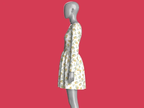 Girls Floral Print Long Sleeve Mini Dress 3D Model
