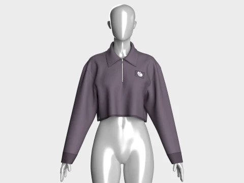 Girls Oversized Crop Sweatshirt With Quarter-Zip 3D Model
