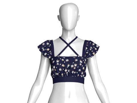 Girls - Top court bleu marine &agrave; imprim&eacute; floral Modèle 3D
