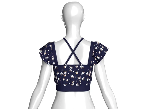 Top corto blu navy con stampa floreale per ragazze Modello 3D