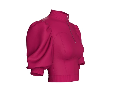 Top curto feminino com meio z&iacute;per e manga bufante Modelo 3D