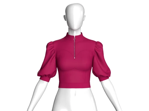 Top curto feminino com meio z&iacute;per e manga bufante Modelo 3D