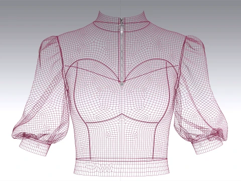 Top curto feminino com meio z&iacute;per e manga bufante Modelo 3D