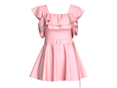 Kız Çocuk Pembe Düşük Omuz Fırfırlı Mini Elbise 3D Model