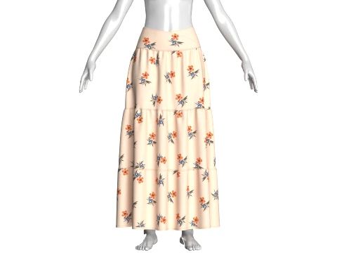 Girls Floral Printed Tiered Maxi Skirt 3D Model