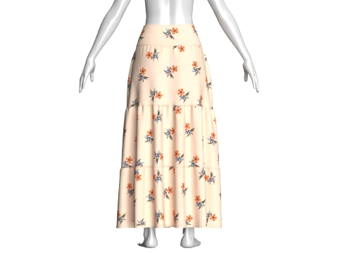 Girls Floral Printed Tiered Maxi Skirt 3D Model