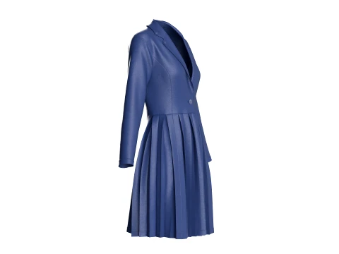 Girls Indigo Pleated Coat Dress With Long Sleeves 3D Model