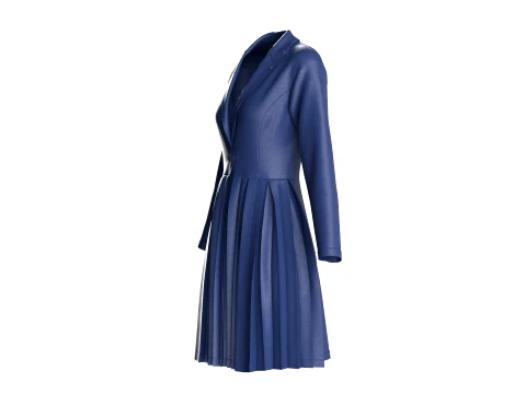 Girls Indigo Pleated Coat Dress With Long Sleeves 3D Model
