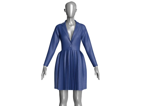 Girls Indigo Pleated Coat Dress With Long Sleeves 3D Model