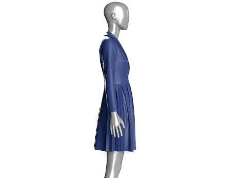 Girls Indigo Pleated Coat Dress With Long Sleeves 3D Model