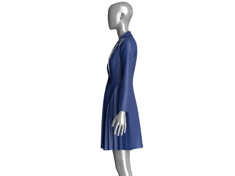 Girls Indigo Pleated Coat Dress With Long Sleeves 3D Model