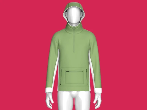 Moletom masculino verde com meio z&iacute;per e bolso com z&iacute;per Modelo 3D