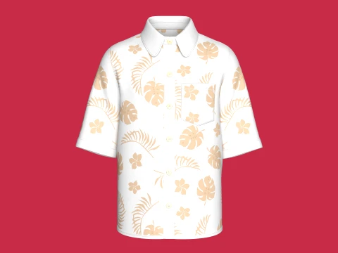 MenShort Sleeve LeafPrinted Button Up Shirt 3D Model