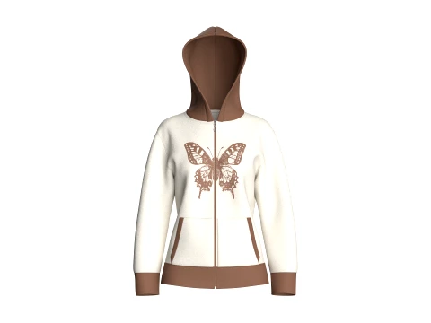 Felpa con cappuccio da ragazza con zip intera e grafica a farfalla Modello 3D