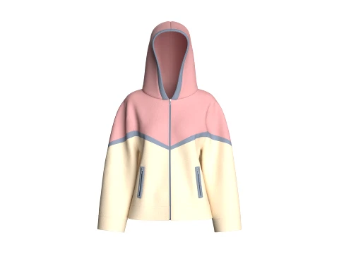Kız &Ccedil;ocuk V Şekilli Renk Bloklu Kap&uuml;şonlu Ceket 3D Model