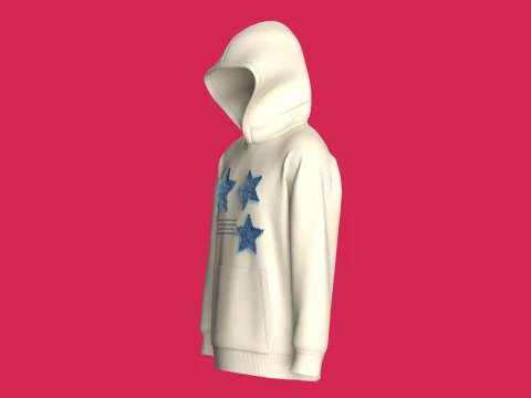 Men Denim Star Patch Pullover Hoodie 3D Model