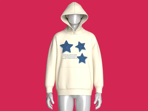 Men Denim Star Patch Pullover Hoodie 3D Model