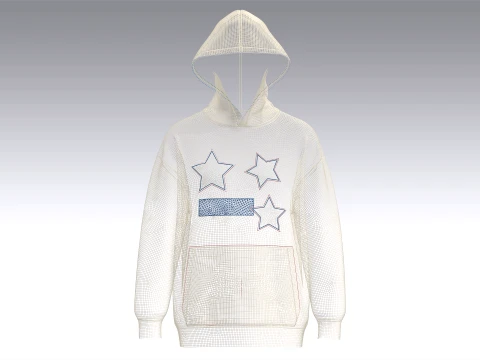 Men Denim Star Patch Pullover Hoodie 3D Model