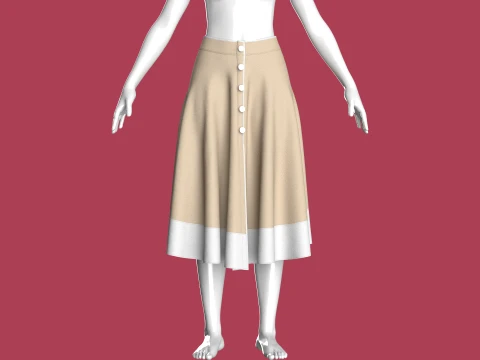 Girls Button Up A-Line Midi Skirt 3D Model