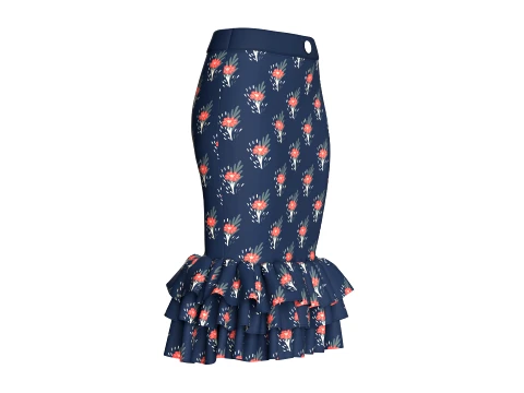 Girls High-Waisted Floral Printed Ruffled Skirt 3D Model