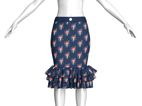 Girls High-Waisted Floral Printed Ruffled Skirt 3D Model