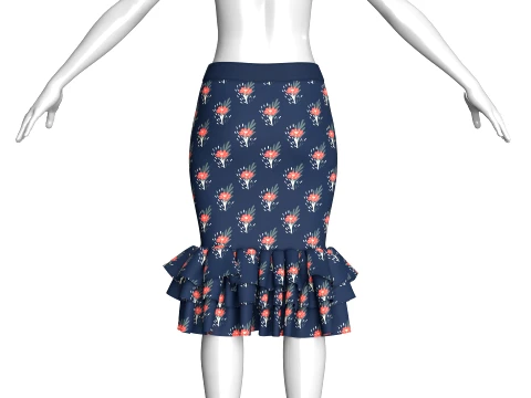 Girls High-Waisted Floral Printed Ruffled Skirt 3D Model
