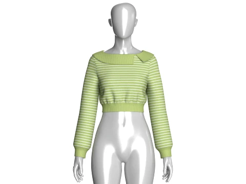 Girls Open-Collar Cropped Striped Sweater 3D Model