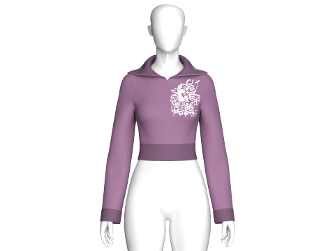 Girls Wide Collar Graphic Printed Crop Sweatshirt 3D Model