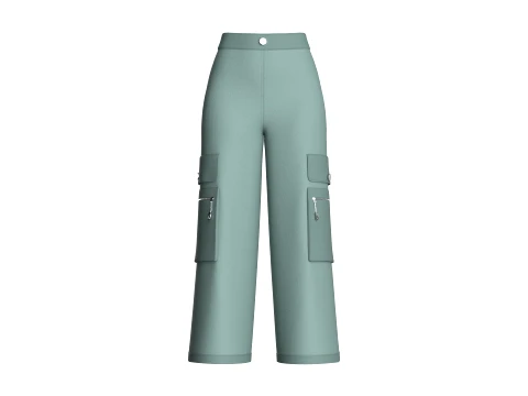 Cal&ccedil;a cargo feminina com perna larga e bolso com z&iacute;per Modelo 3D