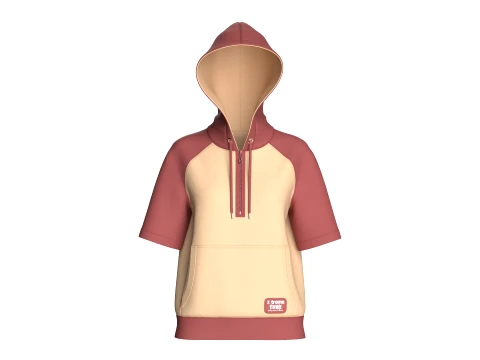 Moletom feminino com capuz raglan de manga curta e meio z&iacute;per Modelo 3D