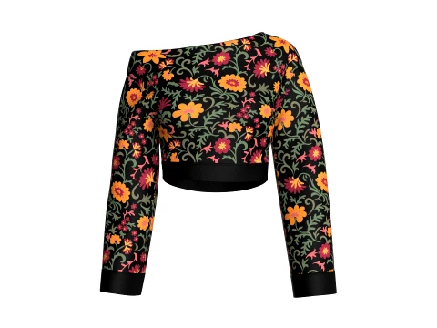 Girls Floral Print Off Shoulder Crop Top 3D Model