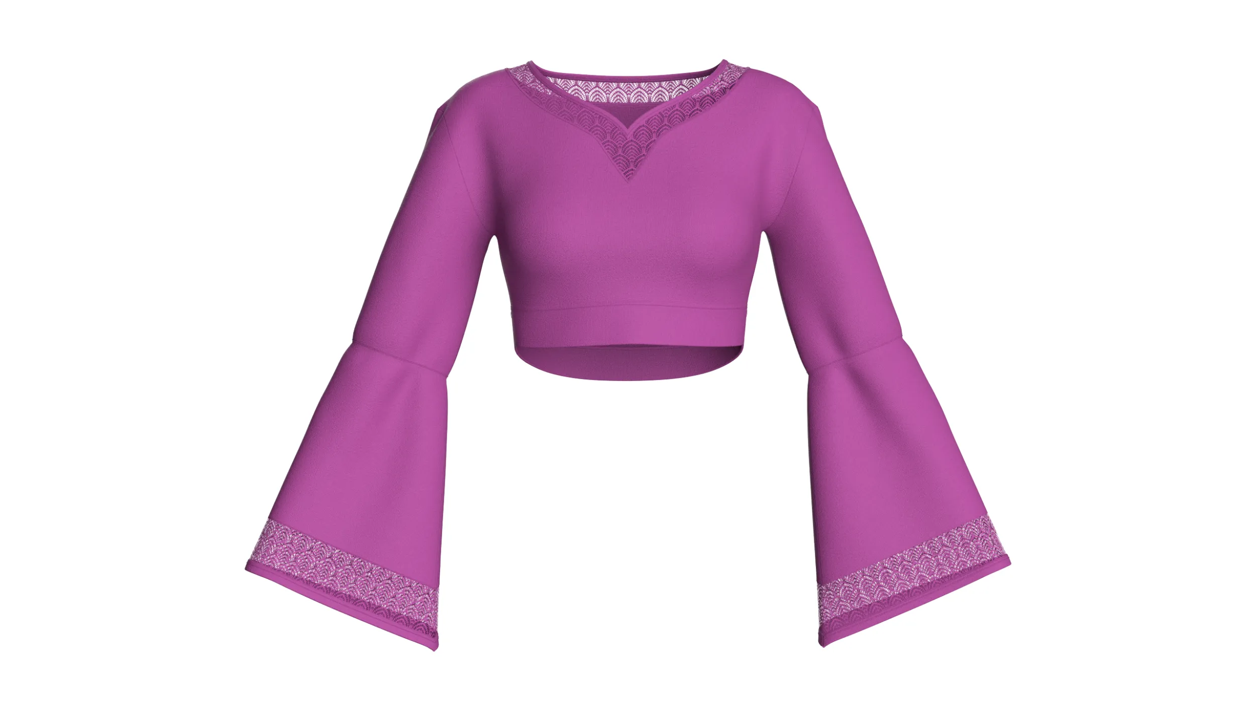 Girls Lace Trim Bell-Sleeve Cropped Top 3D Model .c4d .max .obj .3ds .fbx .stl .blend 