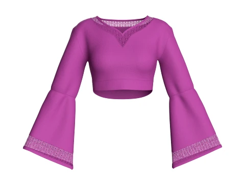 Girls Lace Trim Bell-Sleeve Cropped Top 3D Model
