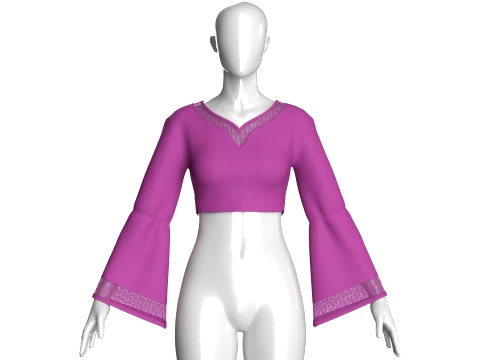 Girls Lace Trim Bell-Sleeve Cropped Top 3D Model