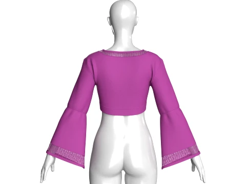 Girls Lace Trim Bell-Sleeve Cropped Top 3D Model