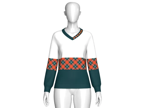 Girls Color Blocked Button V-Neck Sweatshirt 3D Model